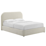 Twill Upholstered Fabric Curved King Platform Bed in Heathered Weave Ivory