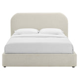 Twill Upholstered Fabric Curved King Platform Bed in Heathered Weave Ivory