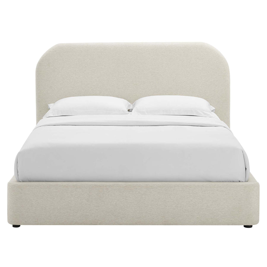 Twill Upholstered Fabric Curved King Platform Bed in Heathered Weave Ivory