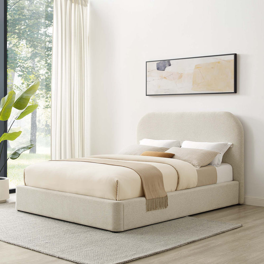 Twill Upholstered Fabric Curved King Platform Bed in Heathered Weave Ivory