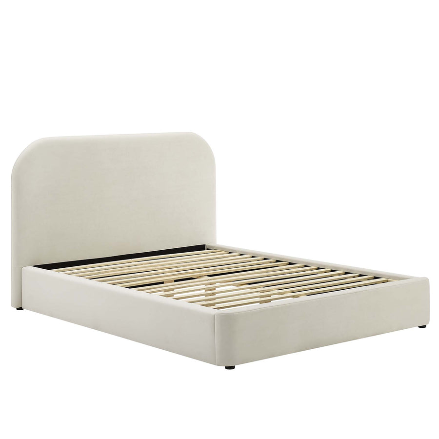 Twill Performance Velvet Curved King Platform Bed in Alabaster