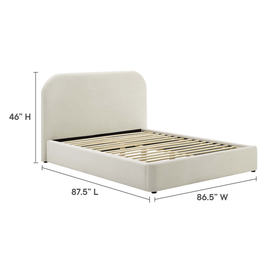 Twill Performance Velvet Curved King Platform Bed in Alabaster