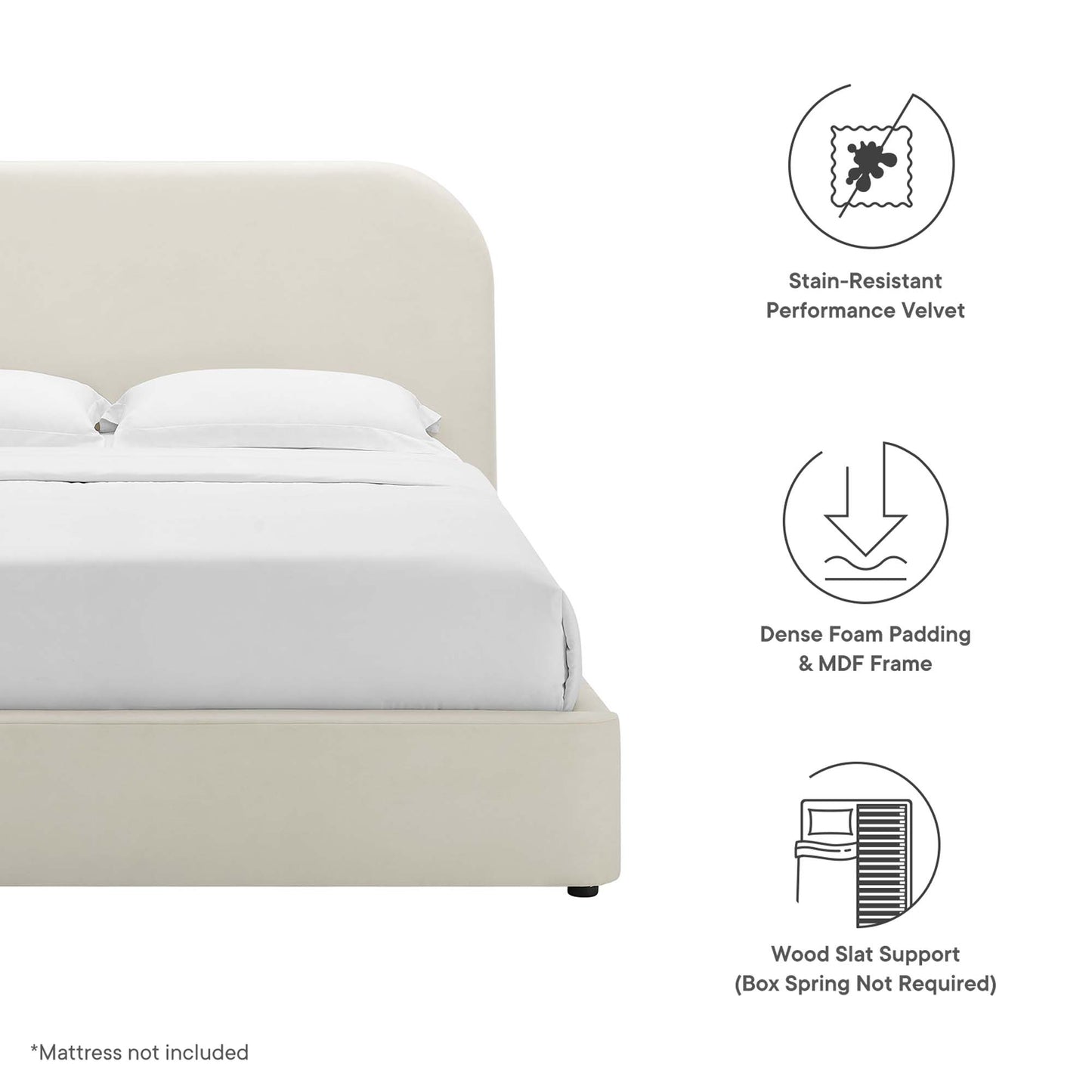 Twill Performance Velvet Curved King Platform Bed in Alabaster