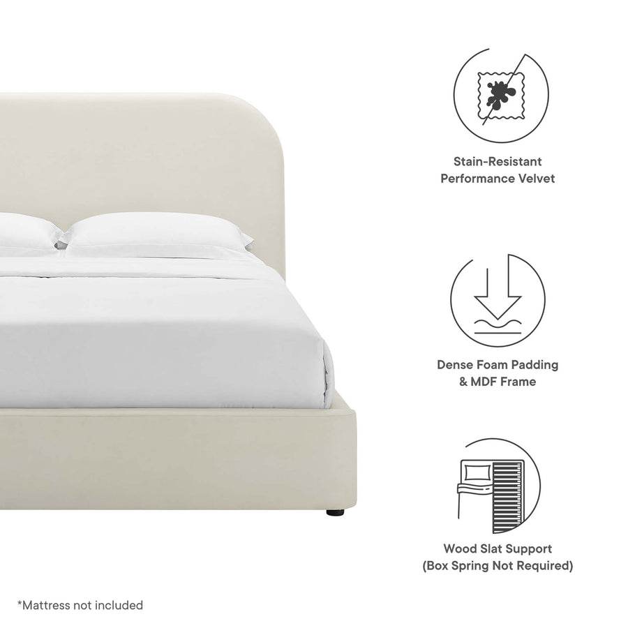 Twill Performance Velvet Curved King Platform Bed in Alabaster