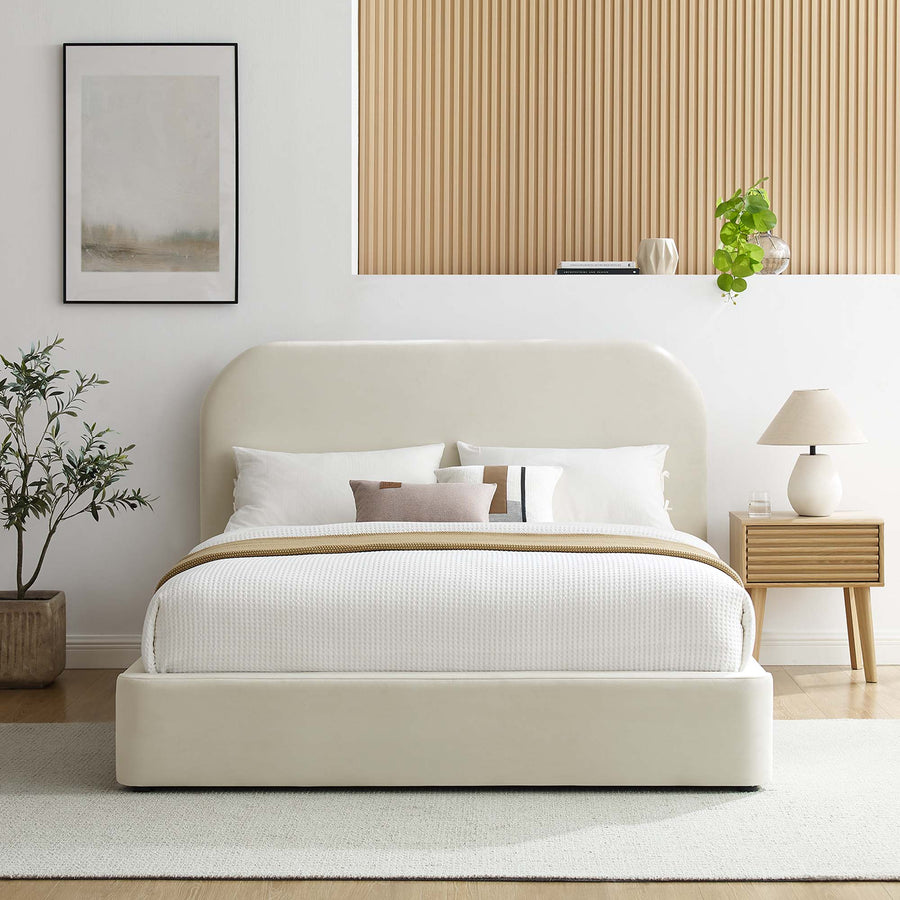 Twill Performance Velvet Curved King Platform Bed in Alabaster