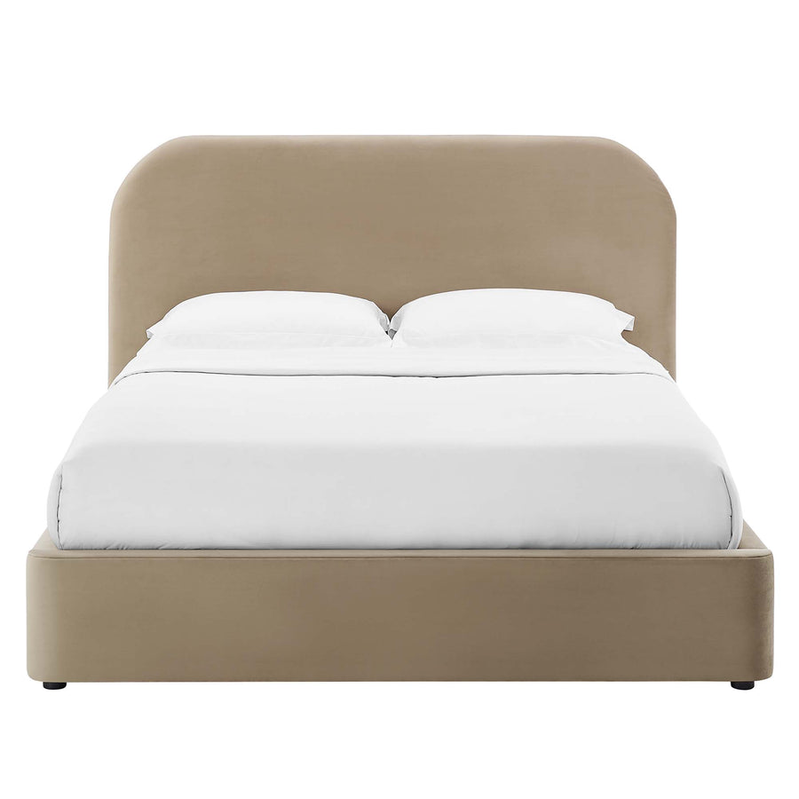 Twill Performance Velvet Curved King Platform Bed in Taupe