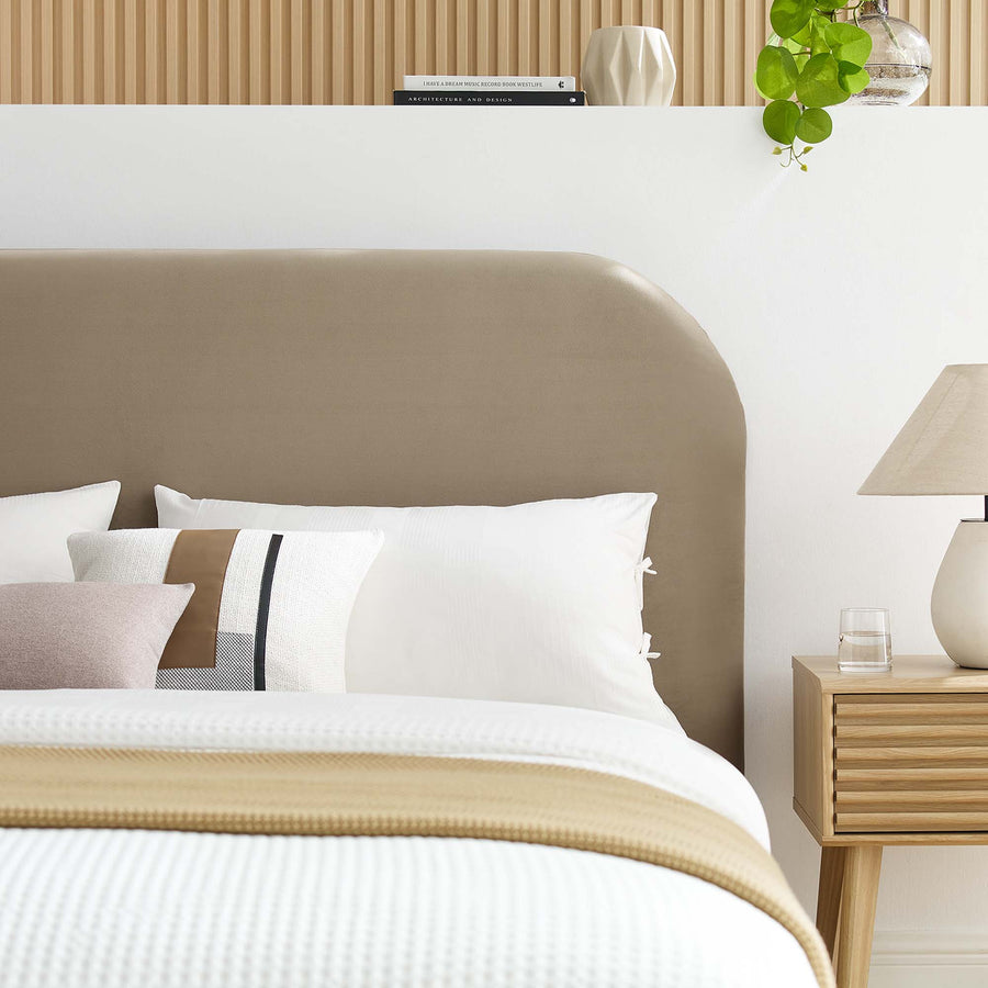 Twill Performance Velvet Curved King Platform Bed in Taupe
