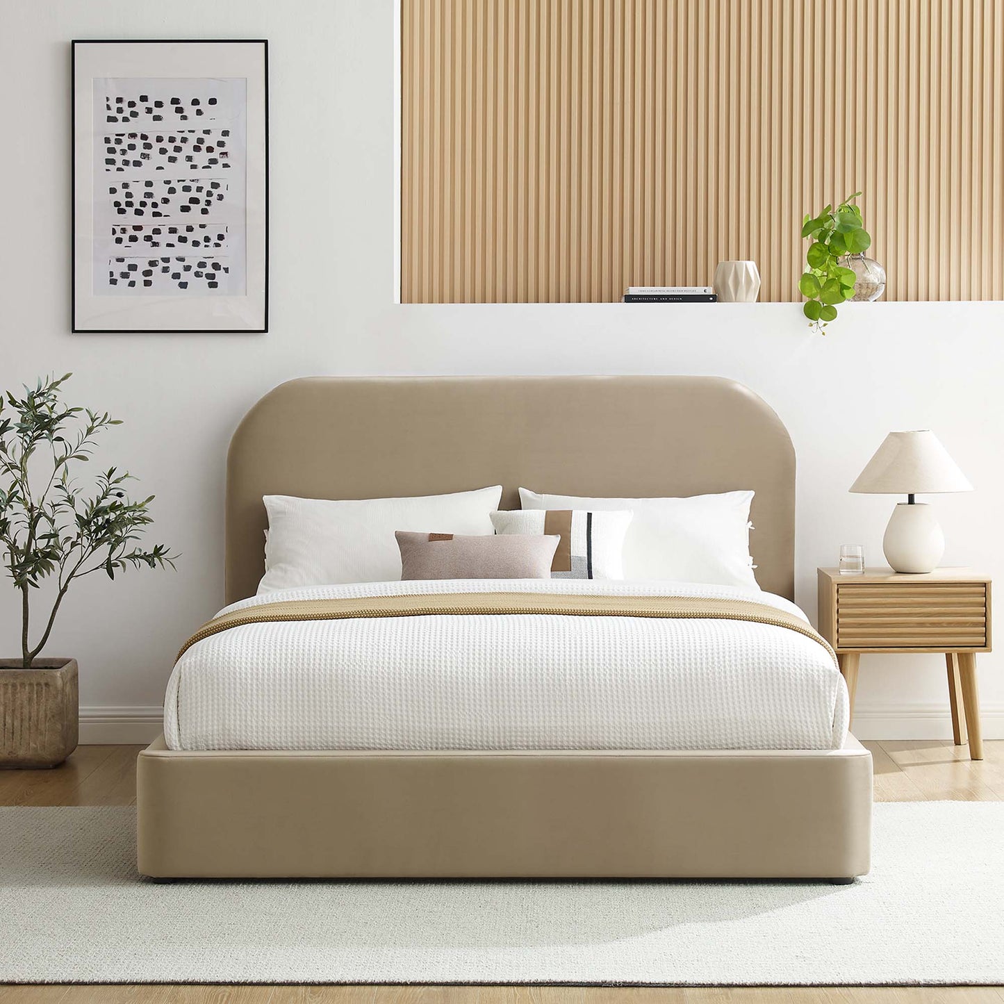 Twill Performance Velvet Curved King Platform Bed in Taupe
