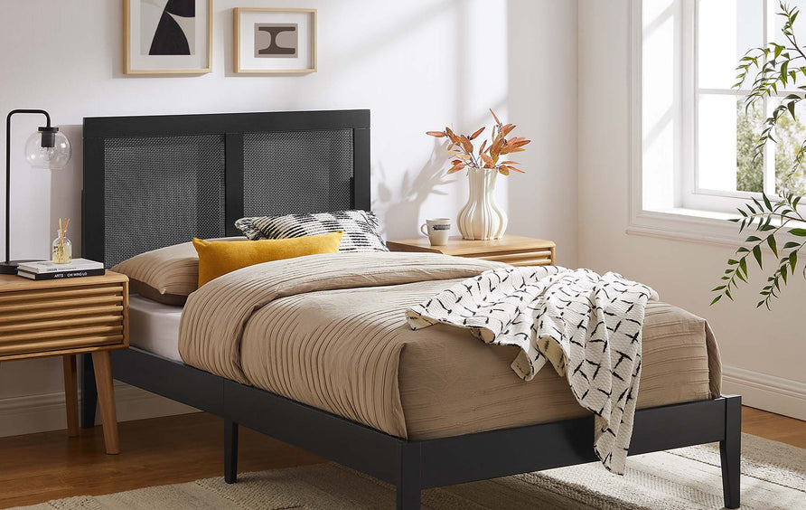 Madder Rattan and Wood Twin Platform Bed in Black