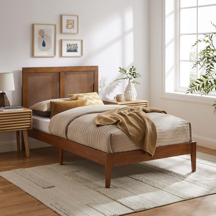 Madder Rattan and Wood Twin Platform Bed in Walnut
