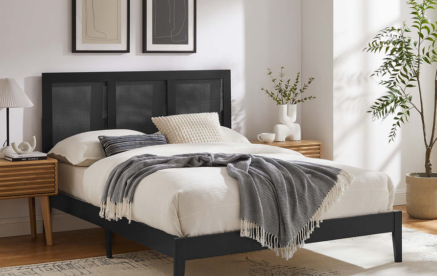 Madder Rattan and Wood Full Platform Bed in Black
