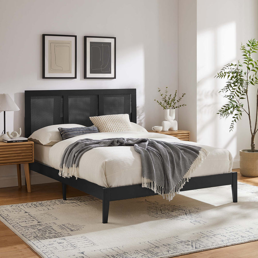 Madder Rattan and Wood Full Platform Bed in Black