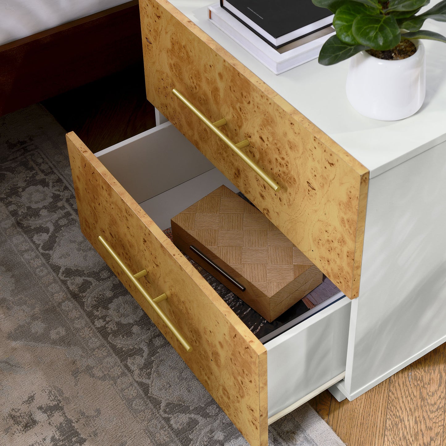 Russet 2-Drawer Burl Wood Nightstand in White Bleached Burl