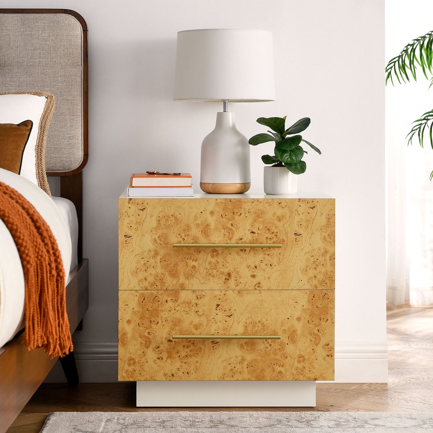 Russet 2-Drawer Burl Wood Nightstand in White Bleached Burl