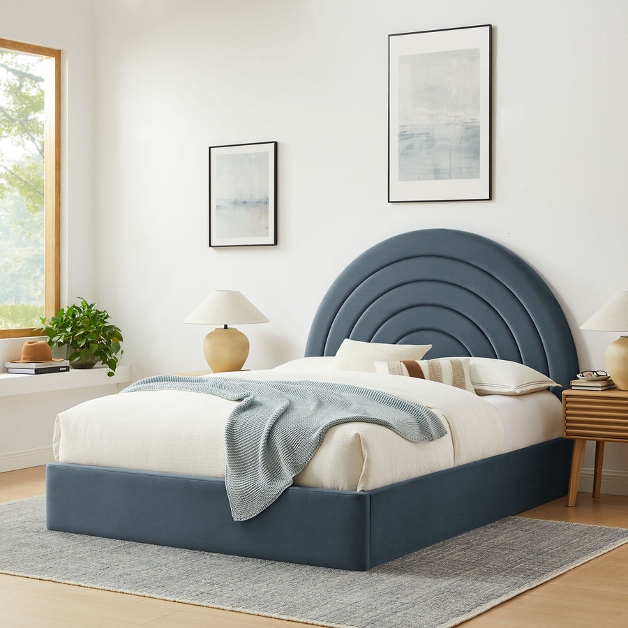 Rowan Arched Performance Velvet Full Platform Bed in Cadet Blue