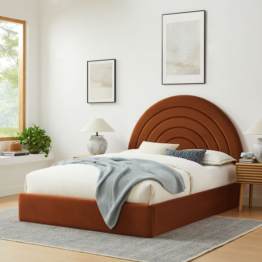 Rowan Arched Performance Velvet Full Platform Bed in Rust