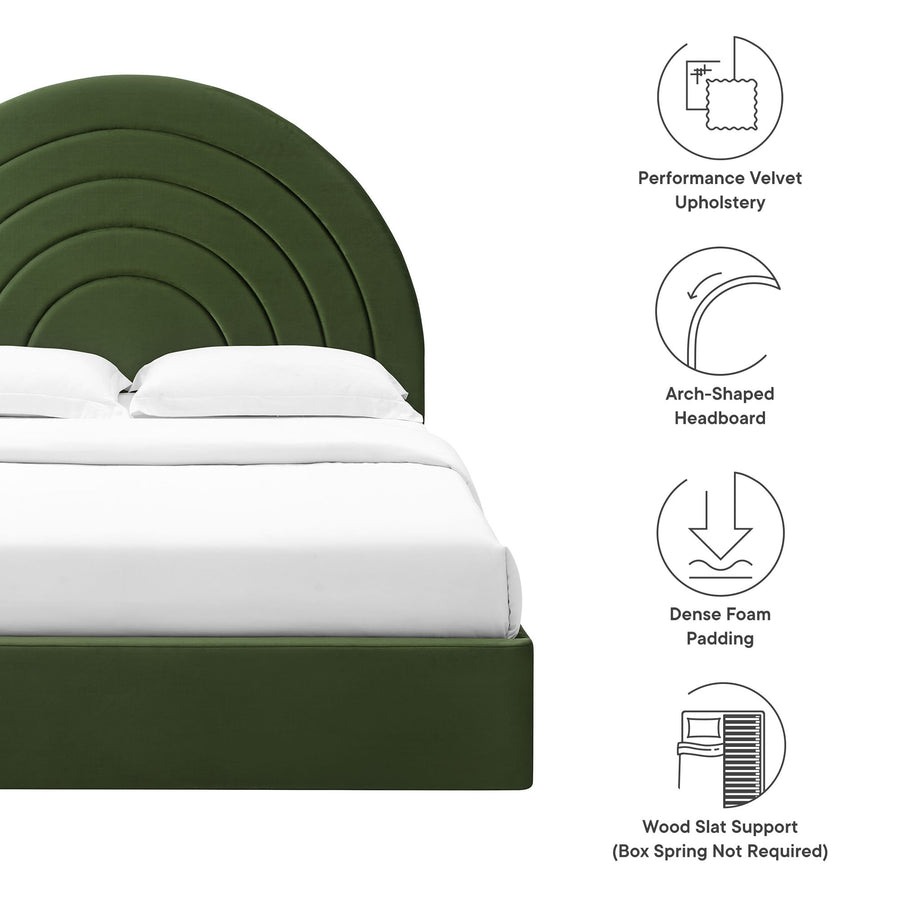 Rowan Arched Performance Velvet Queen Platform Bed in Moss Green