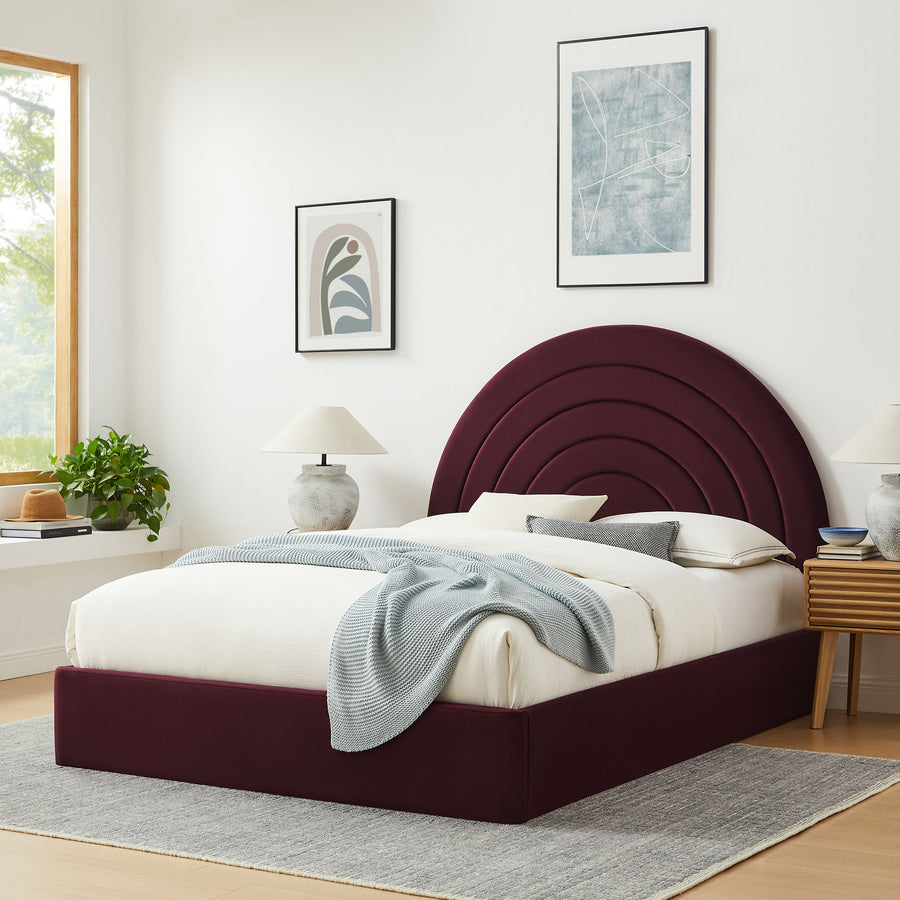 Rowan Arched Performance Velvet Queen Platform Bed in Mulberry