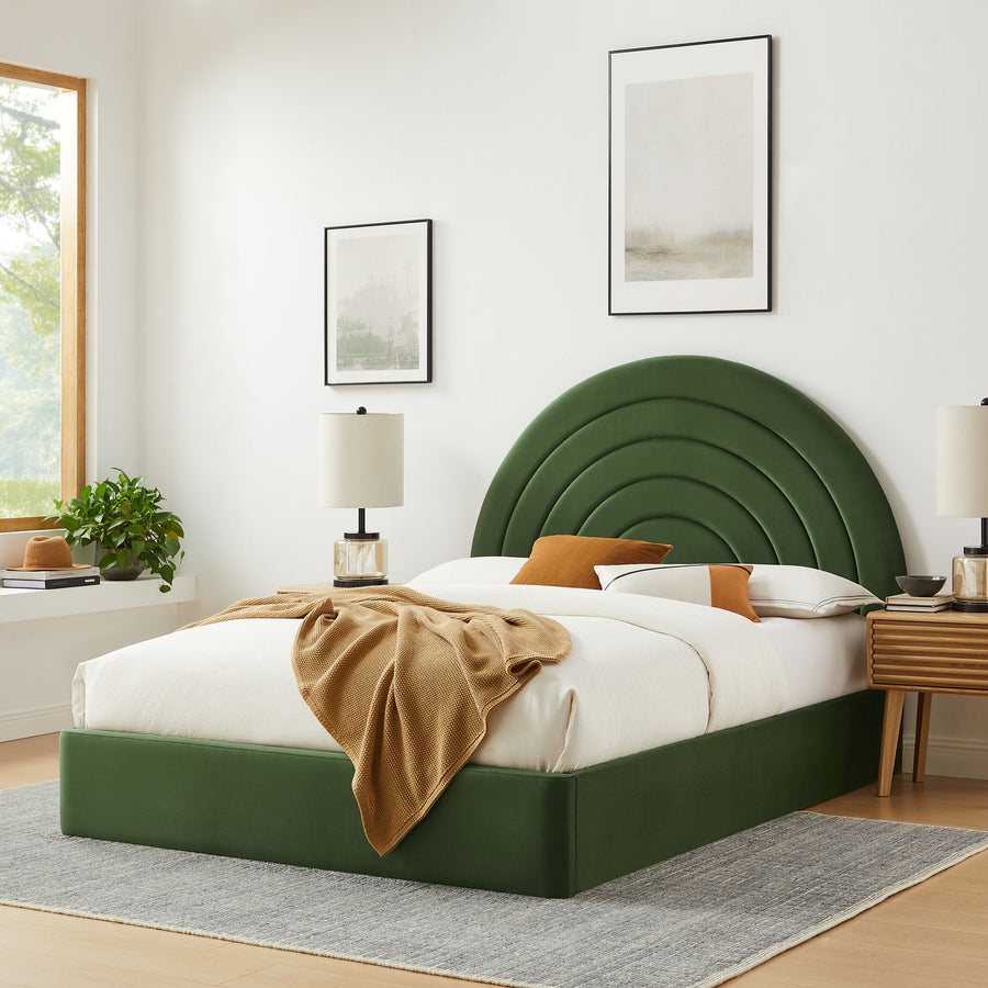 Rowan Arched Performance Velvet King Platform Bed in Moss Green