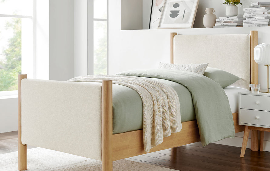 Dahlia Twin Size Fabric Upholstered Platform Bed in Ivory Oak