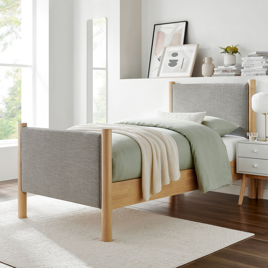 Dahlia Twin Size Fabric Upholstered Platform Bed in Wheat Oak