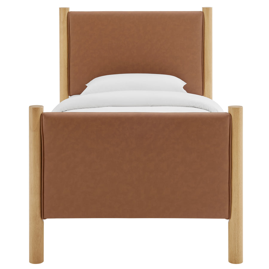 Dahlia Twin Size Vegan Leather Upholstered Platform Bed in Tan Oak