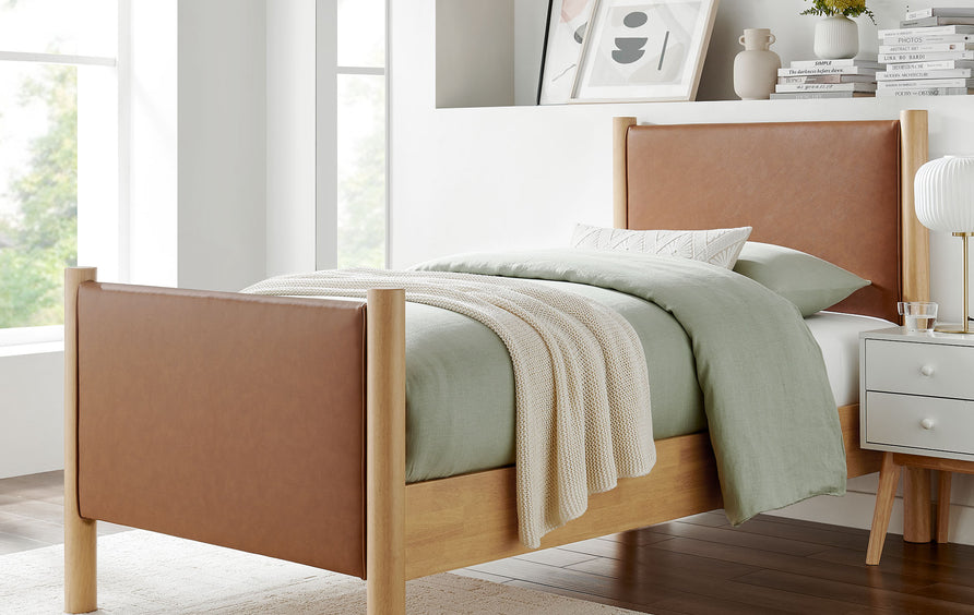 Dahlia Twin Size Vegan Leather Upholstered Platform Bed in Tan Oak