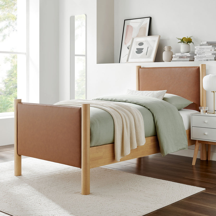 Dahlia Twin Size Vegan Leather Upholstered Platform Bed in Tan Oak