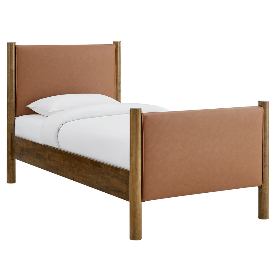 Dahlia Twin Size Vegan Leather Upholstered Platform Bed in Tan Walnut