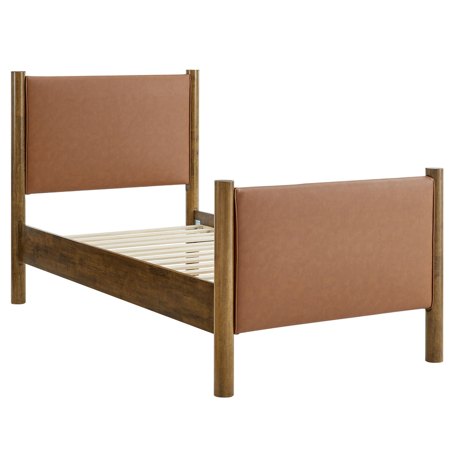 Dahlia Twin Size Vegan Leather Upholstered Platform Bed in Tan Walnut