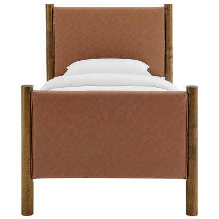 Maven Twin Size Vegan Leather Upholstered Platform Bed in Tan Walnut