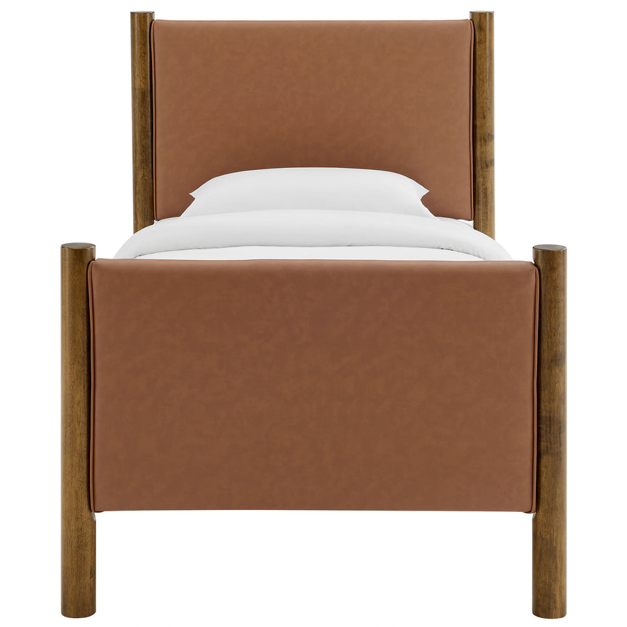 Dahlia Twin Size Vegan Leather Upholstered Platform Bed in Tan Walnut