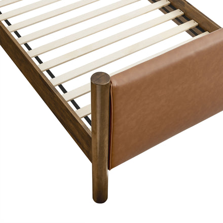 Maven Twin Size Vegan Leather Upholstered Platform Bed in Tan Walnut