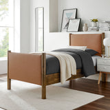 Dahlia Twin Size Vegan Leather Upholstered Platform Bed in Tan Walnut
