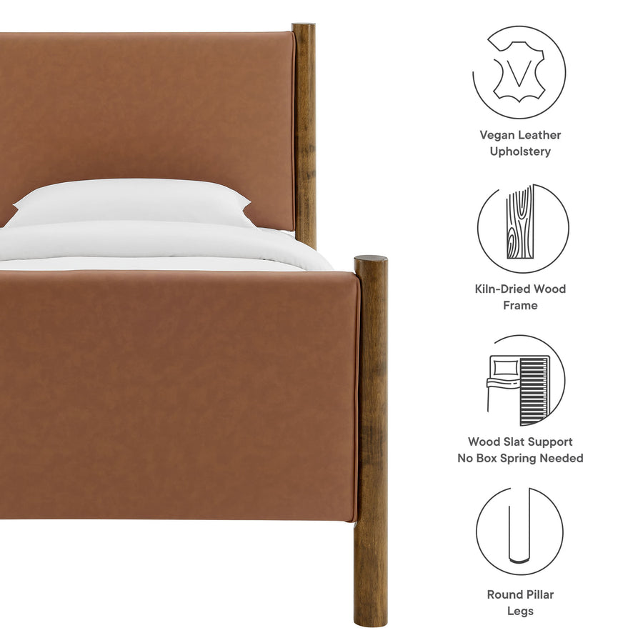 Dahlia Twin Size Vegan Leather Upholstered Platform Bed in Tan Walnut