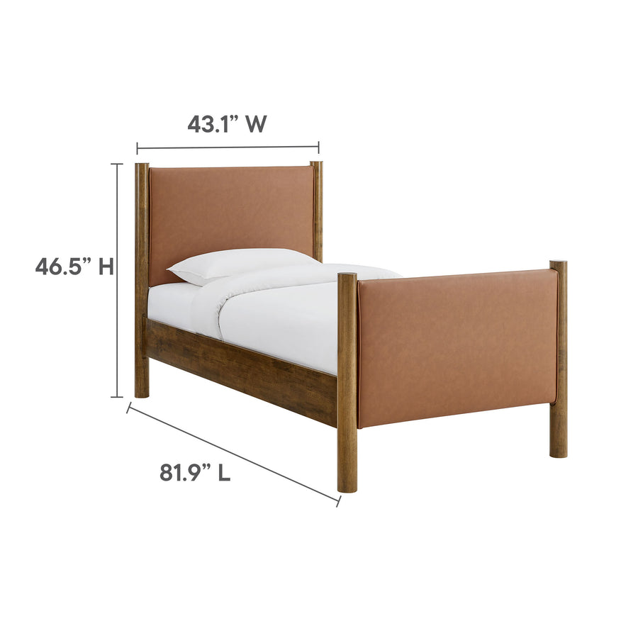 Dahlia Twin Size Vegan Leather Upholstered Platform Bed in Tan Walnut