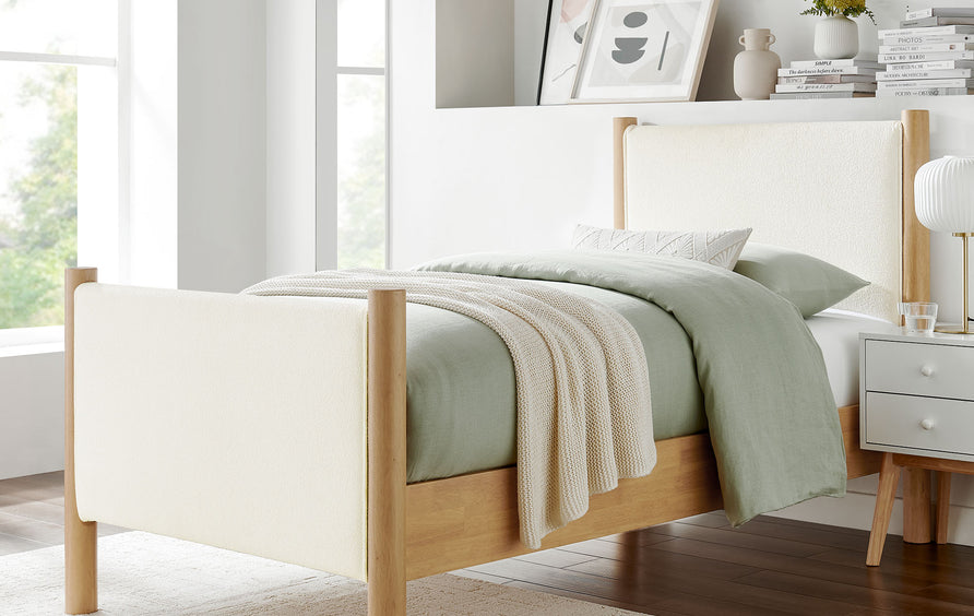 Dahlia Twin Size Boucle Upholstered Platform Bed in Feather Oak