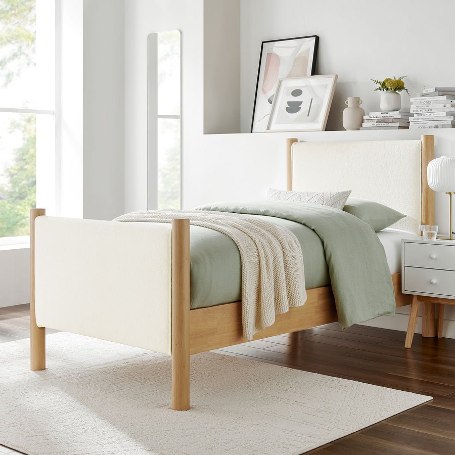 Dahlia Twin Size Boucle Upholstered Platform Bed in Feather Oak