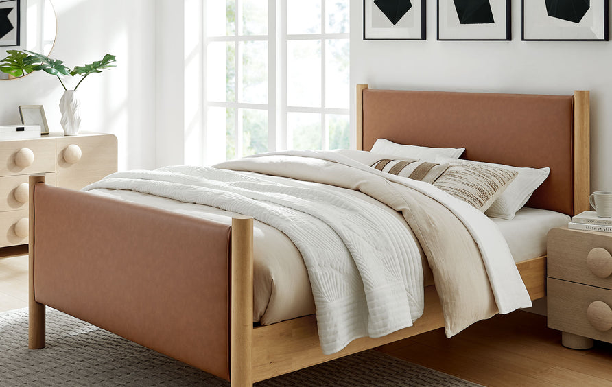 Dahlia Full Size Vegan Leather Upholstered Platform Bed in Tan Oak