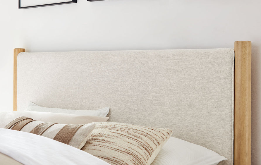 Dahlia Queen Size Fabric Upholstered Platform Bed in Ivory Oak