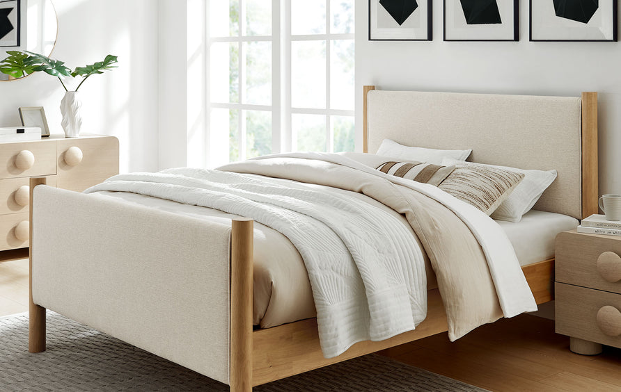 Dahlia Queen Size Fabric Upholstered Platform Bed in Ivory Oak