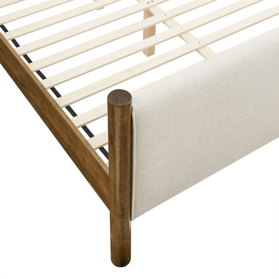 Dahlia Queen Size Fabric Upholstered Platform Bed in Ivory Walnut