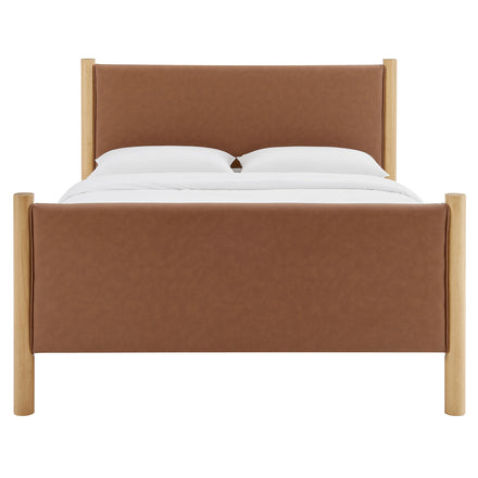 Maven Queen Size Vegan Leather Upholstered Platform Bed in Tan Oak