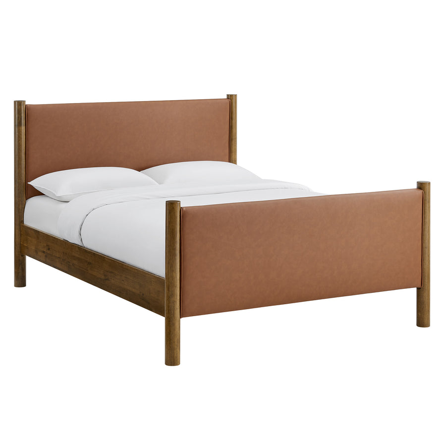 Dahlia Queen Size Vegan Leather Upholstered Platform Bed in Tan Walnut