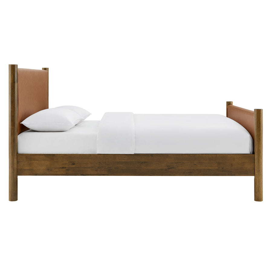 Dahlia Queen Size Vegan Leather Upholstered Platform Bed in Tan Walnut