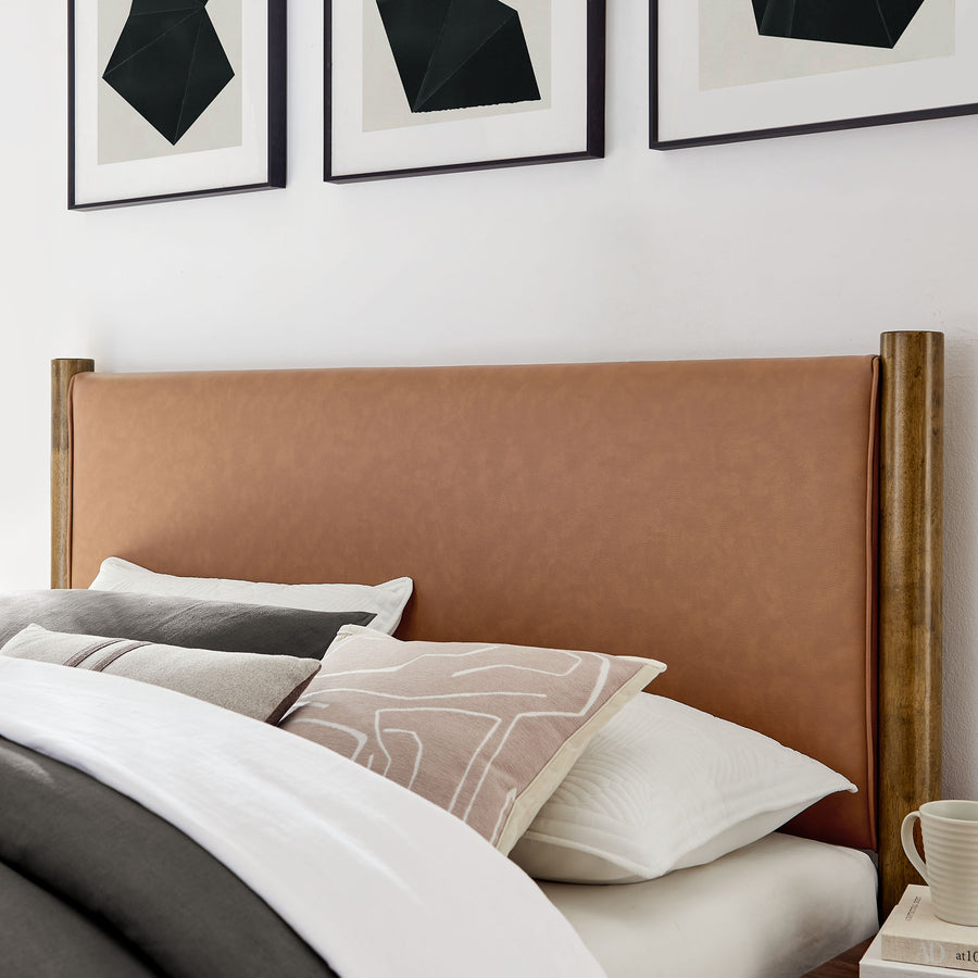Dahlia Queen Size Vegan Leather Upholstered Platform Bed in Tan Walnut
