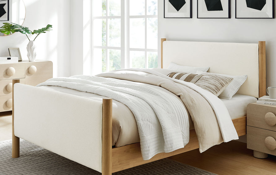 Dahlia Queen Size Boucle Upholstered Platform Bed in Feather Oak