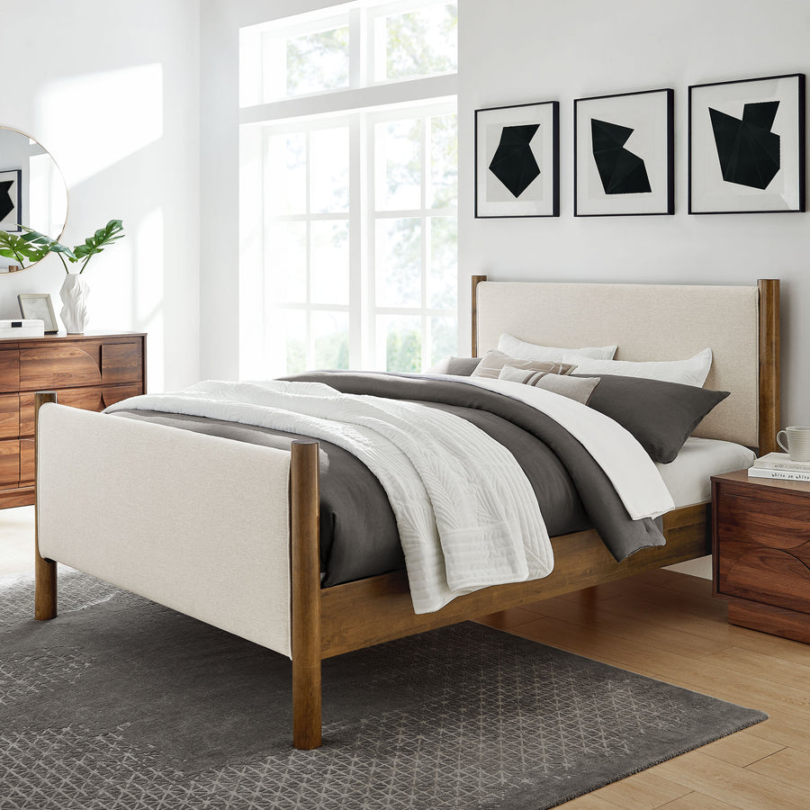 Dahlia King Size Fabric Upholstered Platform Bed in Ivory Walnut