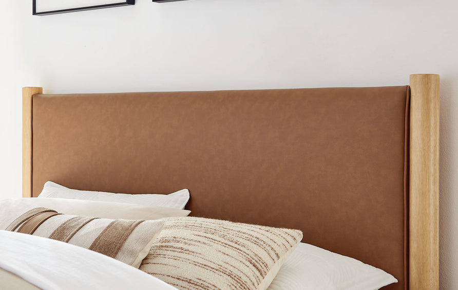 Dahlia King Size Vegan Leather Upholstered Platform Bed in Tan Oak