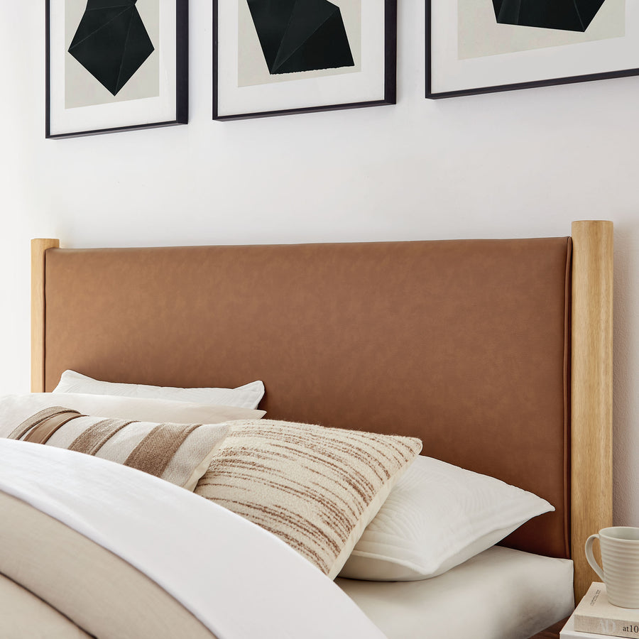 Dahlia King Size Vegan Leather Upholstered Platform Bed in Tan Oak
